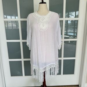 White Boho Crochet Tunic Top Fringe Hem Beach Cover Up